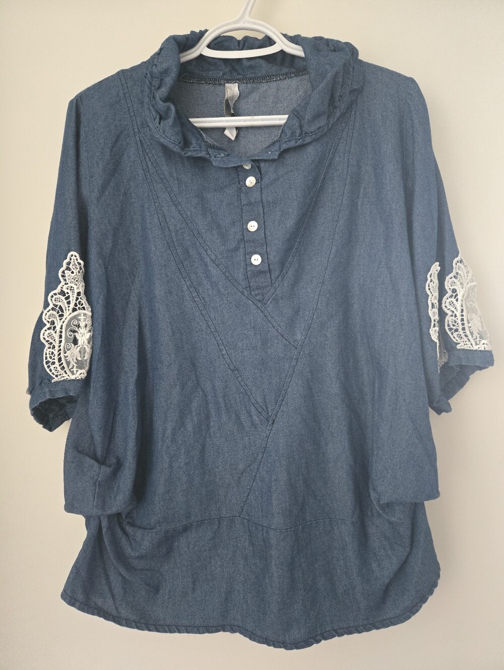 Ladies Denim Ruffle Neck Top with Lace Elbow Detail - 14